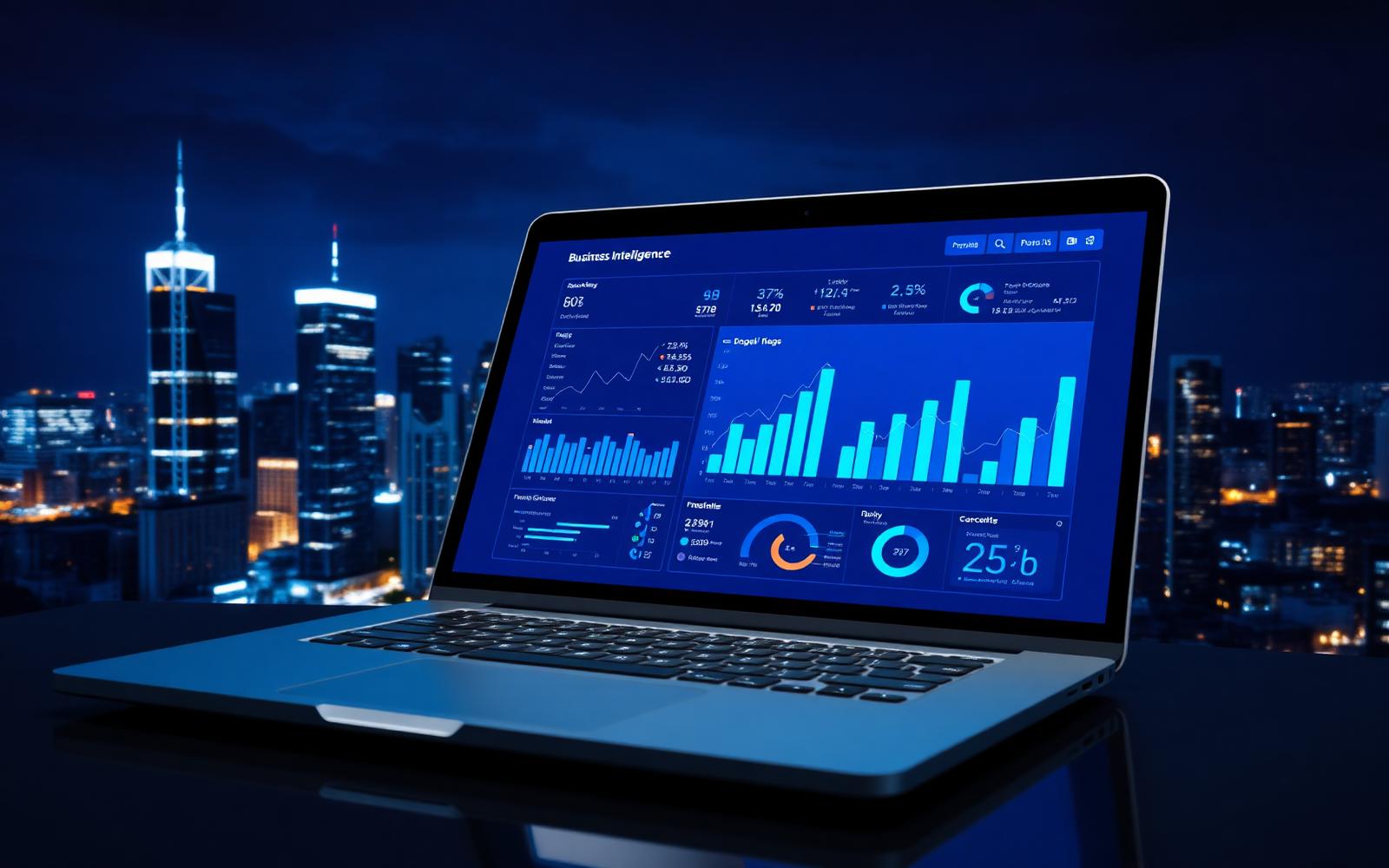 Business intelligence dashboard on a laptop with revenue and KPI charts